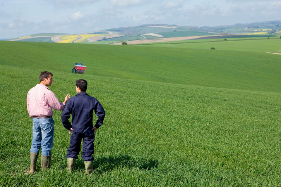 Photo of a couple of farmers looking out over rolling hills